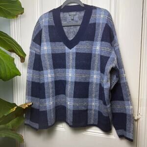 AnyBody Navy Blue Plaid V-Neck Long Sleeve Sweater Womens XL